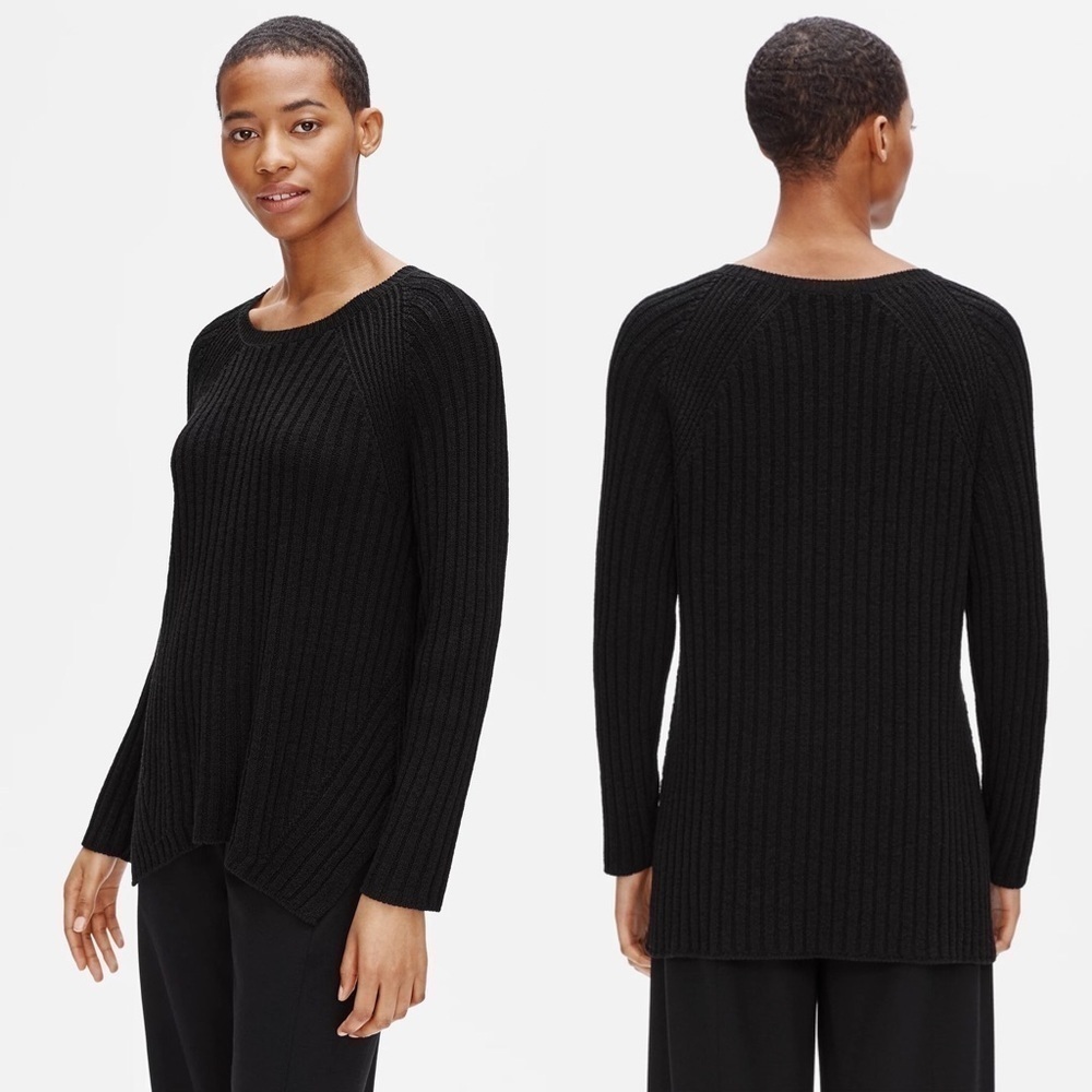 Eileen Fisher Organic Linen Black Rib Knit High Low Tunic Sweater XXS Minimalist